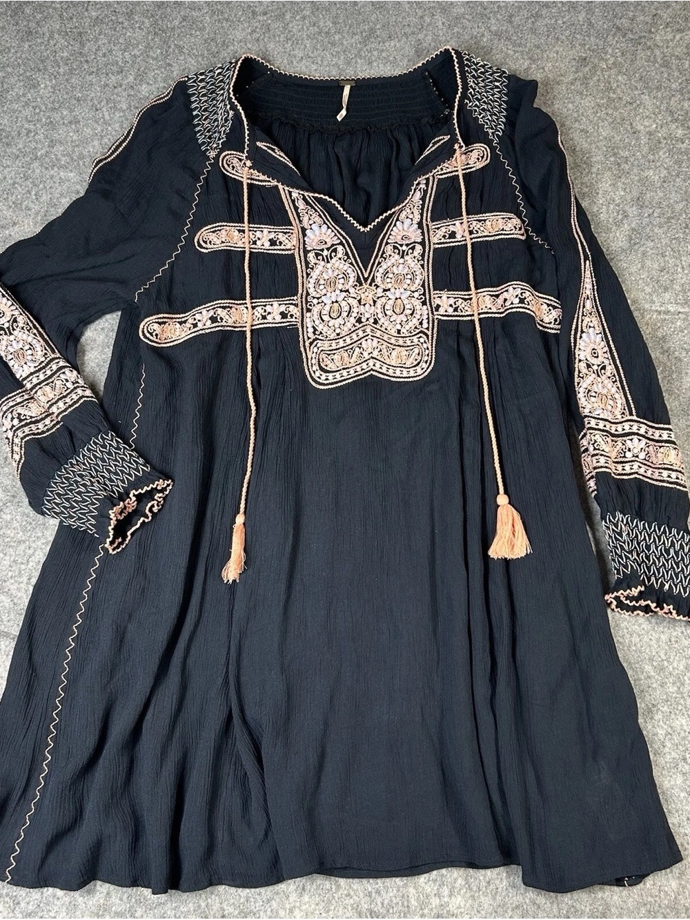 Free People Black Long-Sleeve Embroidered Tunic Dress with Peach Accents